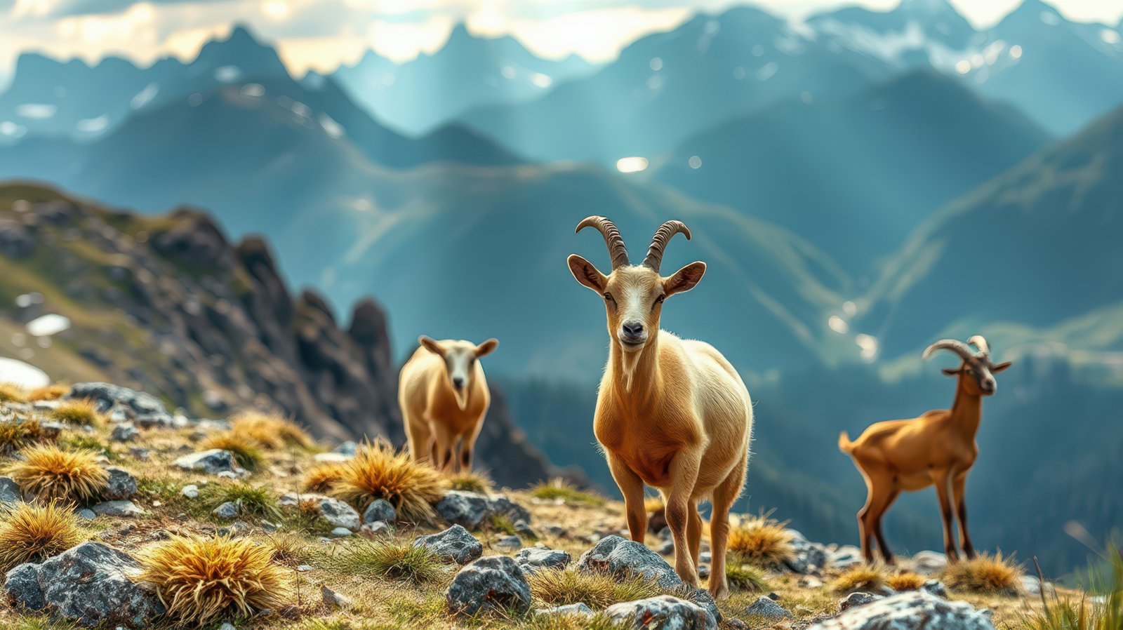 Mountain goats grazing on rocky terrain with majestic peaks in the background during sunset hours